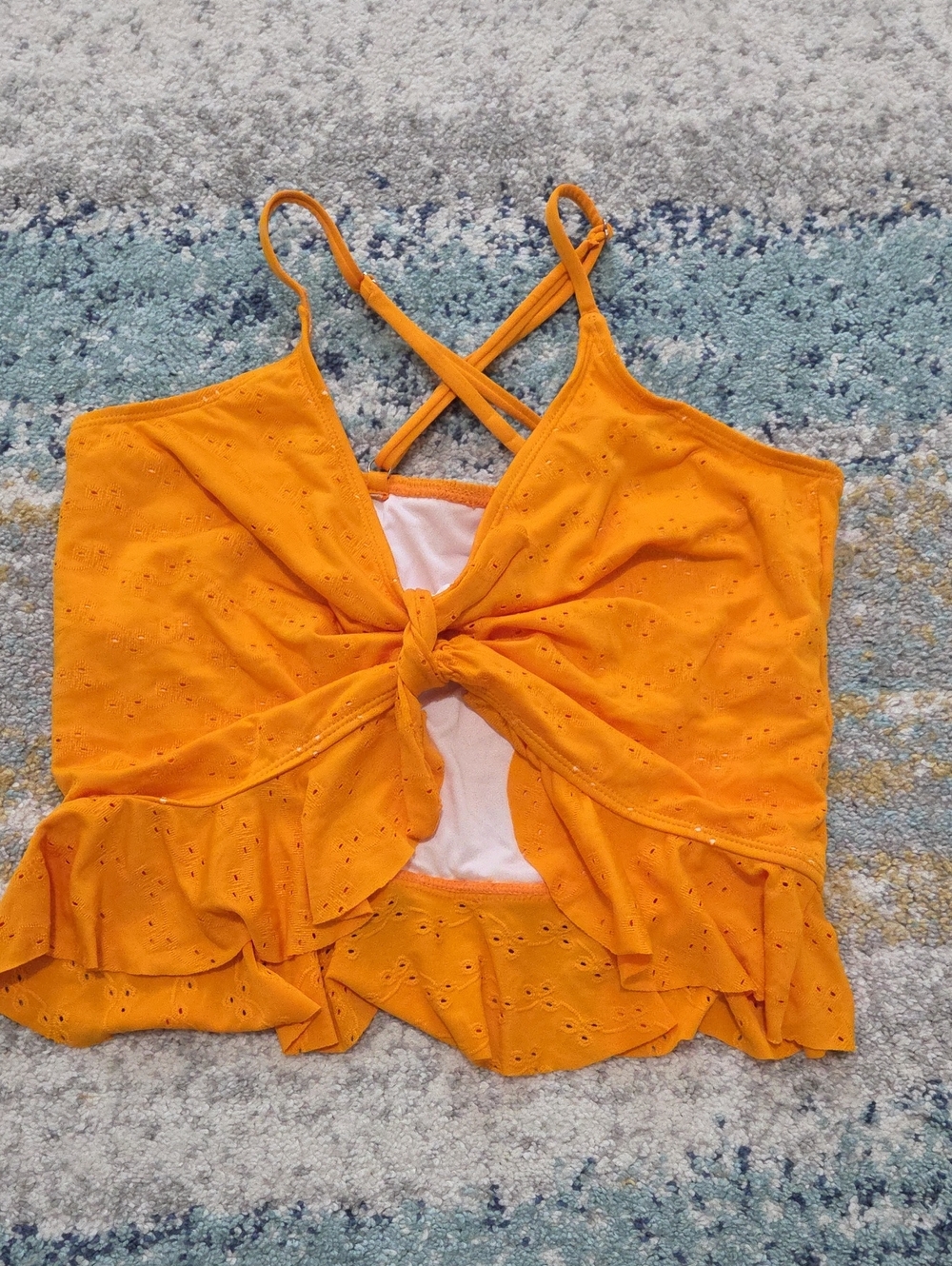 Orange Eyelet Knot-Front Ruffle Cami Top